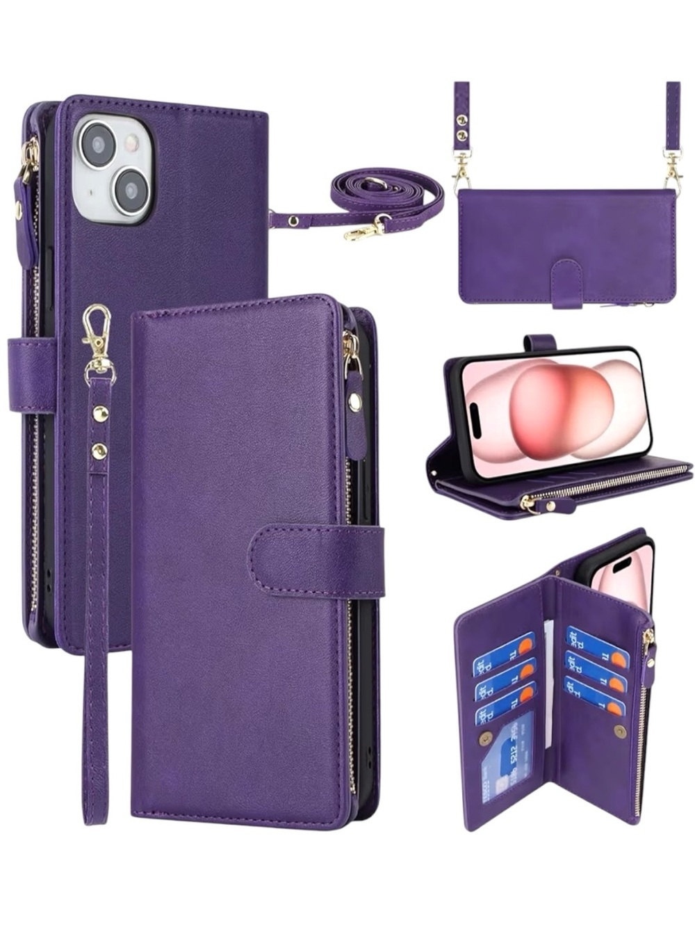 NEW Purple Faux Leather Wallet iPhone Case w/ Crossbody Strap & Card Organizer